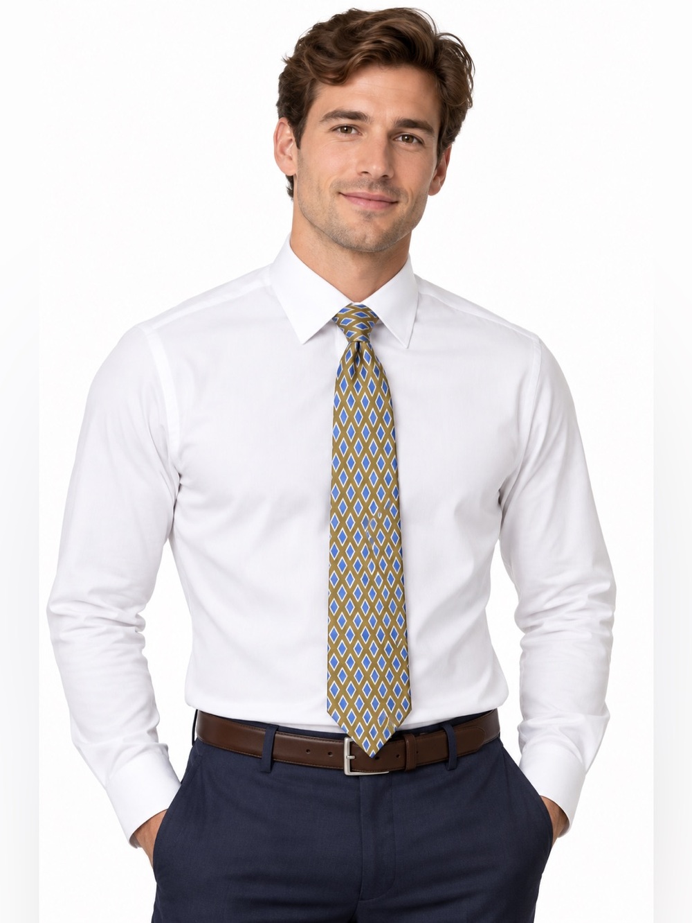 BROOKS BASICS Men’s Neck Tie Brown Blue Diamond Pattern Pure Silk